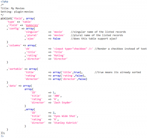 Piklist table definition